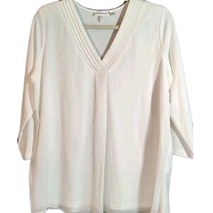 Calvin Klein Blouse Woman White Gold Accent Logo Boho Airy 3/4 Sleeve Vneck Med.